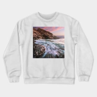 rushing waves against rock on beach in Jamestown, Rhode Island Crewneck Sweatshirt